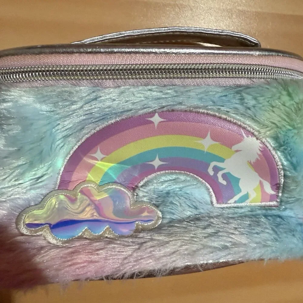 Kids Unicorn Rainbow Girls Makeup Bag Furry Fuzzy Zipper Cosmetic Tote Bag